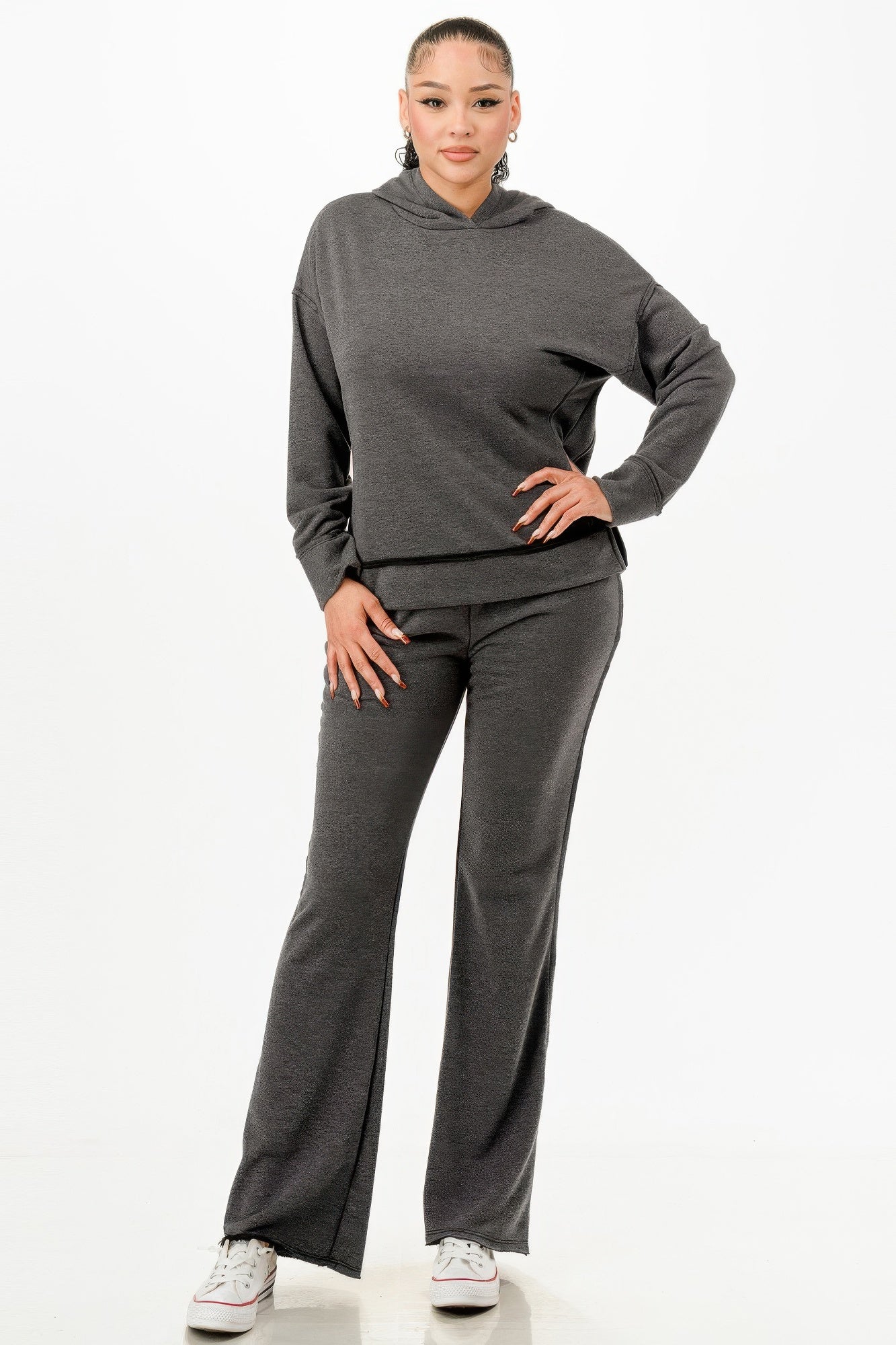 Charcoal Washed Sweat Set – Women's Hoodie & Flare Pants Outfit
