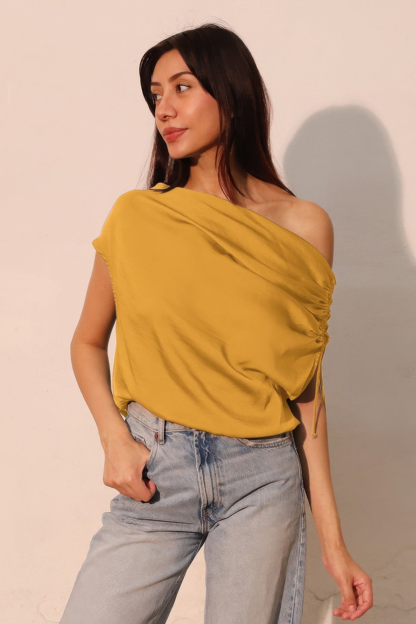 Chic Washed Poly Silk Asymmetrical Top – Premium Modern Drawstring