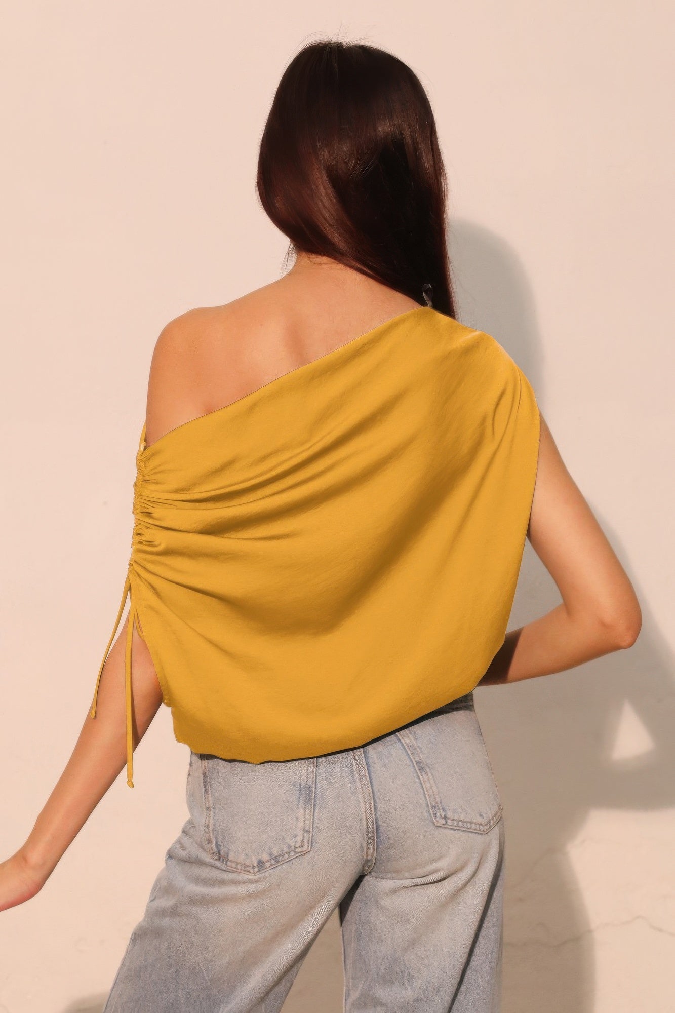 Chic Washed Poly Silk Asymmetrical Top – Premium Modern Drawstring