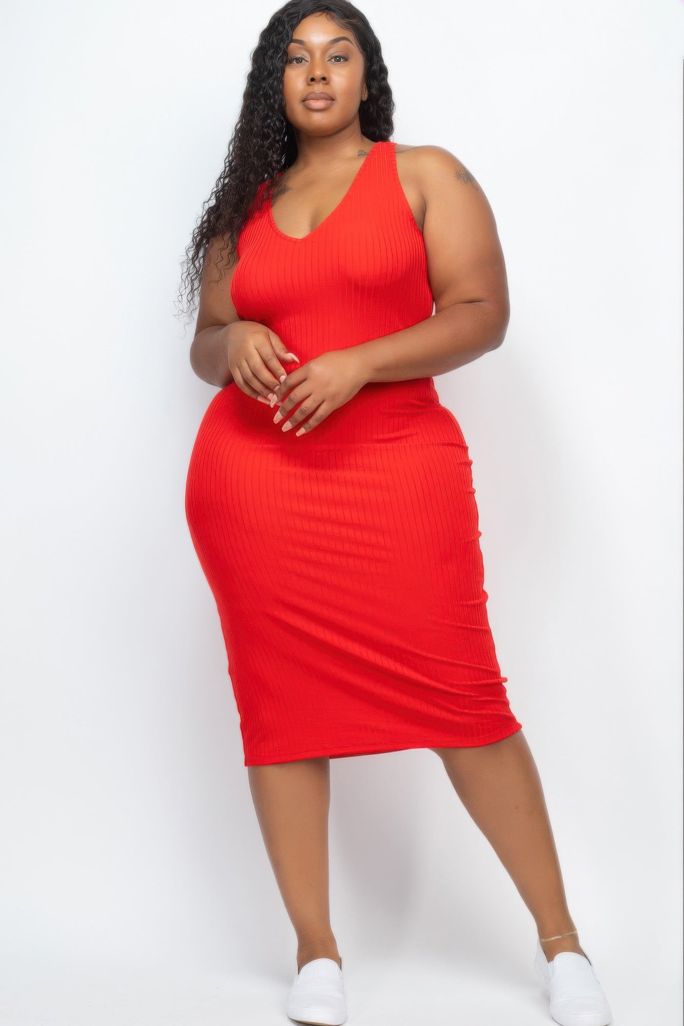 ribbed bodycon dress plus size Plus Size Chic Open Back Ribbed Bodycon Midi Dress